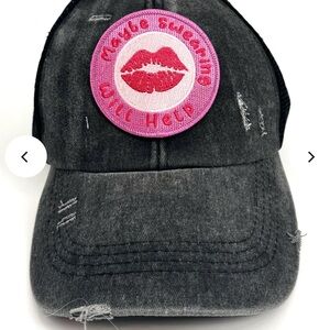 Maybe Swearing Will Help Distressed Black Cap Lip Baseball Velcro Ponytail Hat